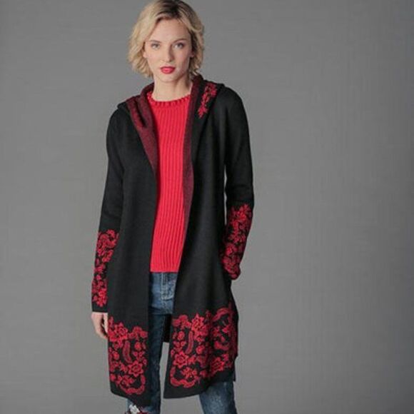 Gabby Isabella Wool Blend Black Red Intarsia Hooded Cardigan Size S/M - Picture 1 of 6